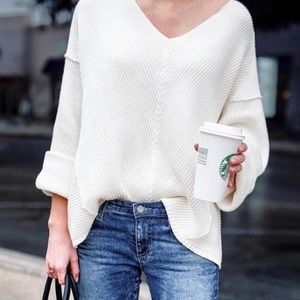 Free People Women's Oversized Ribbed Knit White Sweater V-Neck Cuff Sleeve Sz S